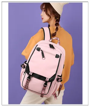 Trendy Canvas School Backpack with USB Port - Spacious Book Bag in Fashionable Black and Pink for Teenage Girls, Ideal for Students