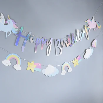 Unicorn Theme Happy Birthday Paper Banner - Festive Hanging Garland and Flags for Kids' 1st Birthday Party, Baby Shower, and Celebration Decorations