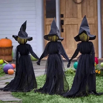 Sound-Activated Light-Up Witches Halloween Outdoor Decorations - Holding Hands and Screaming Witches with Stakes"