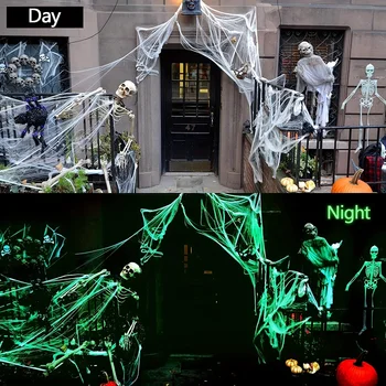 Glow-in-The-Dark Spider Webs and Fake Spiders – White Stretch Cobwebs for Spooky Halloween Indoor and Outdoor Horror Decoration Prop