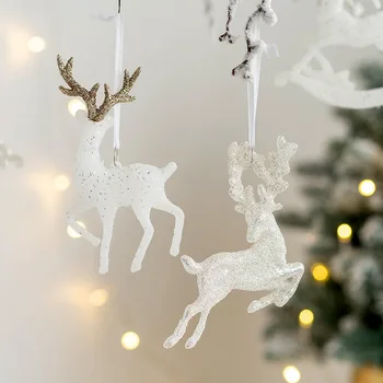 Christmas Tree Hanging Pendants - Glitter Small Xmas Deer Ornaments, Xmas Elk, Merry Christmas Decor, Happy New Year 2023, White Deer